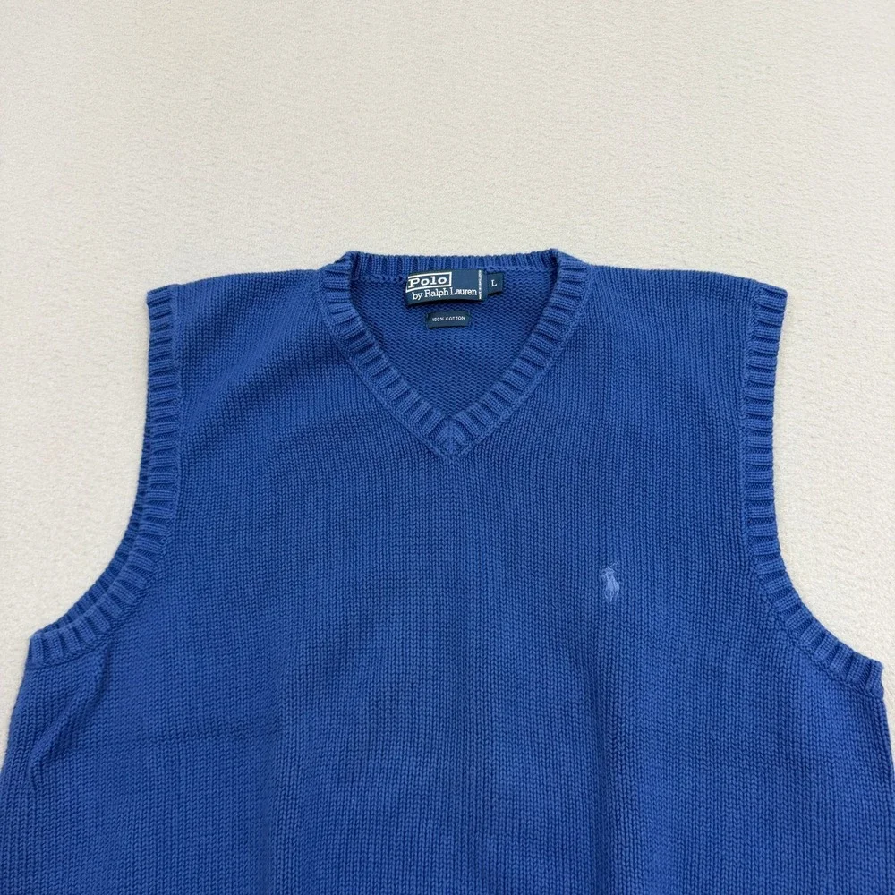 Polo Ralph Lauren Sweater Vest Mens Large Blue Cotton V-Neck Knit Pullover Pony